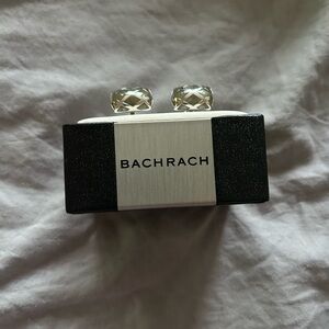 Bachrach Diamond-Patterned Silver Cufflinks with Grey Stone - NWT